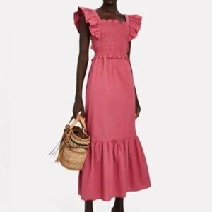 Sea New York Gladys Smocked Cotton Maxi Dress S Rose Pink Ruffle Cottagecore